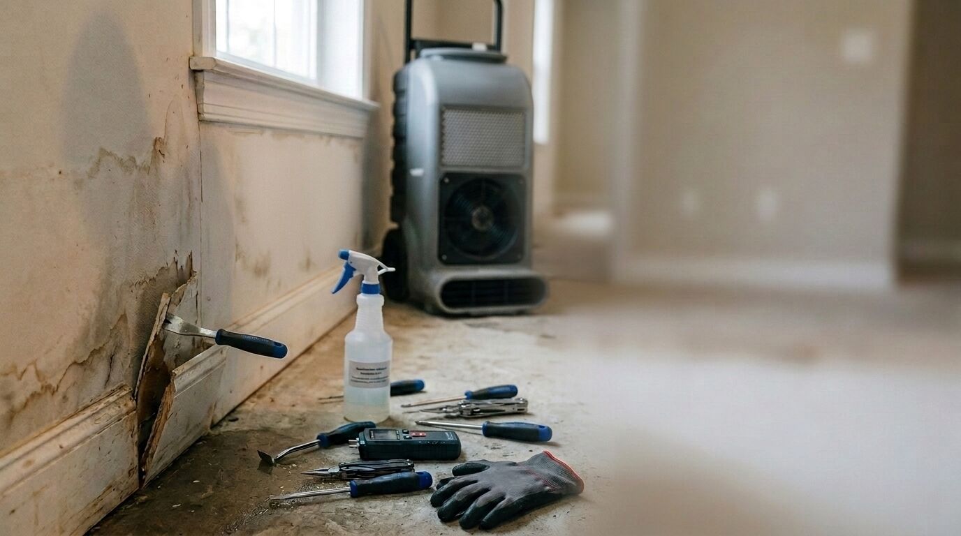 Moisture meter and hand tools beside a water-damaged baseboard, with an air mover drying the wall
